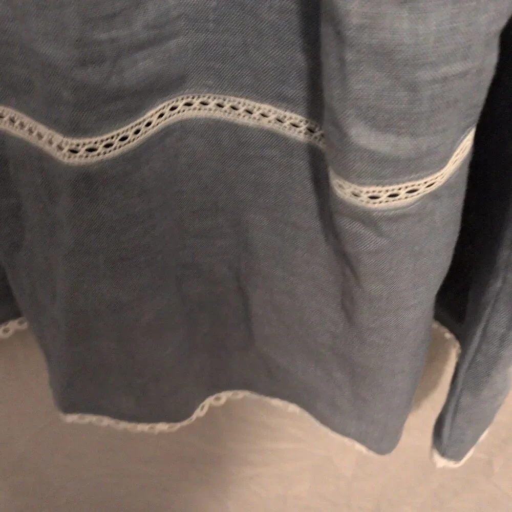 Lintico Fenla Linen Skirt Small Womens Haze Blue Lace Trim Pocket Cottagecore